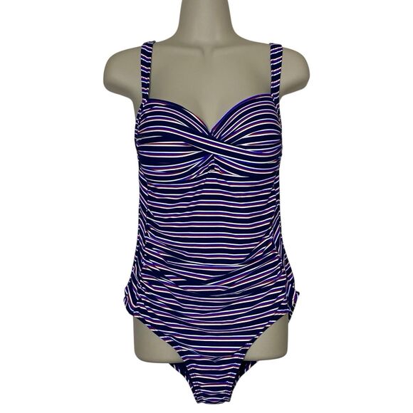 Nip Tuck Size 10 Striped One Piece Ruched Slimming Swimsuit Navy Red Black - Picture 1 of 16